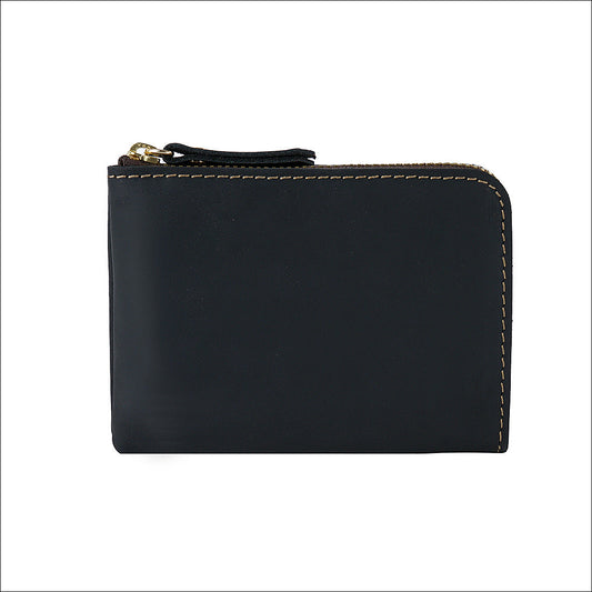 Black Handmade Crazy Horse Leather Wallet Minimalist L-Zip Card Holder Top Layer Cowhide Short Purse with Coin Pocket 12cm Vintage Style