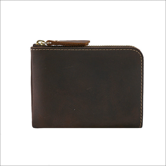 Coffee Handmade Crazy Horse Leather Wallet Minimalist L-Zip Card Holder Top Layer Cowhide Short Purse with Coin Pocket 12cm Vintage Style