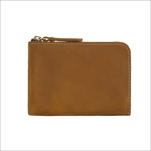 Yellow-brown Handmade Crazy Horse Leather Wallet Minimalist L-Zip Card Holder Top Layer Cowhide Short Purse with Coin Pocket 12cm Vintage Style