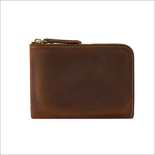 Dark-brown Handmade Crazy Horse Leather Wallet Minimalist L-Zip Card Holder Top Layer Cowhide Short Purse with Coin Pocket 12cm Vintage Style