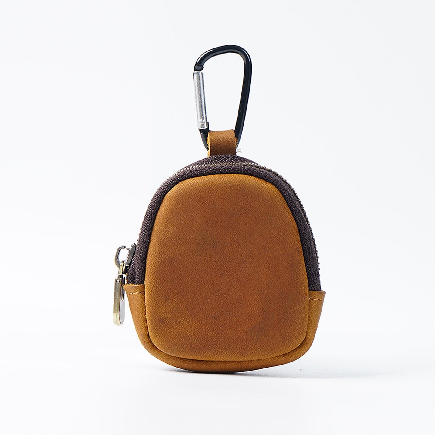 Brown Genuine Crazy Horse Leather Mini Coin Purse Zipper Shell Pouch Small Earphone Case Key Holder with Carabiner Clip 8.5cm for Travel