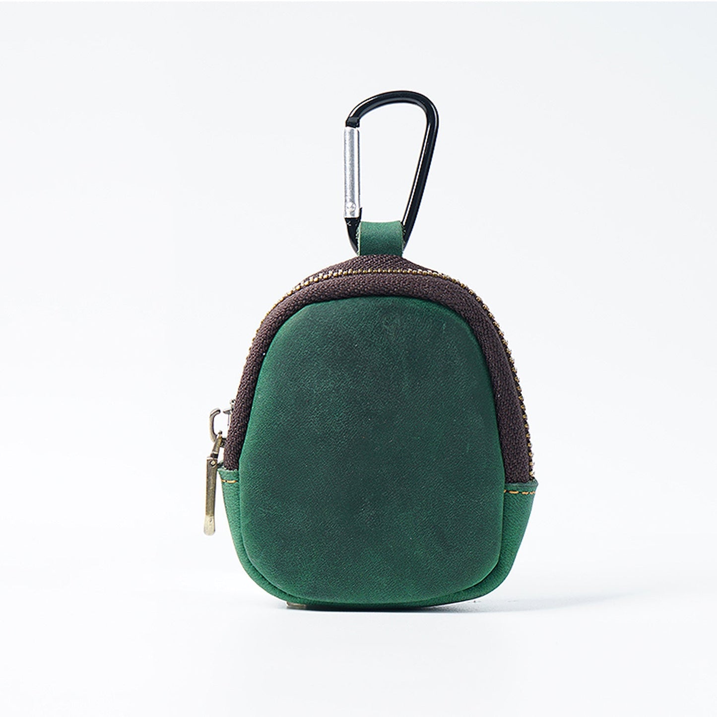 Green Genuine Crazy Horse Leather Mini Coin Purse Zipper Shell Pouch Small Earphone Case Key Holder with Carabiner Clip 8.5cm for Travel