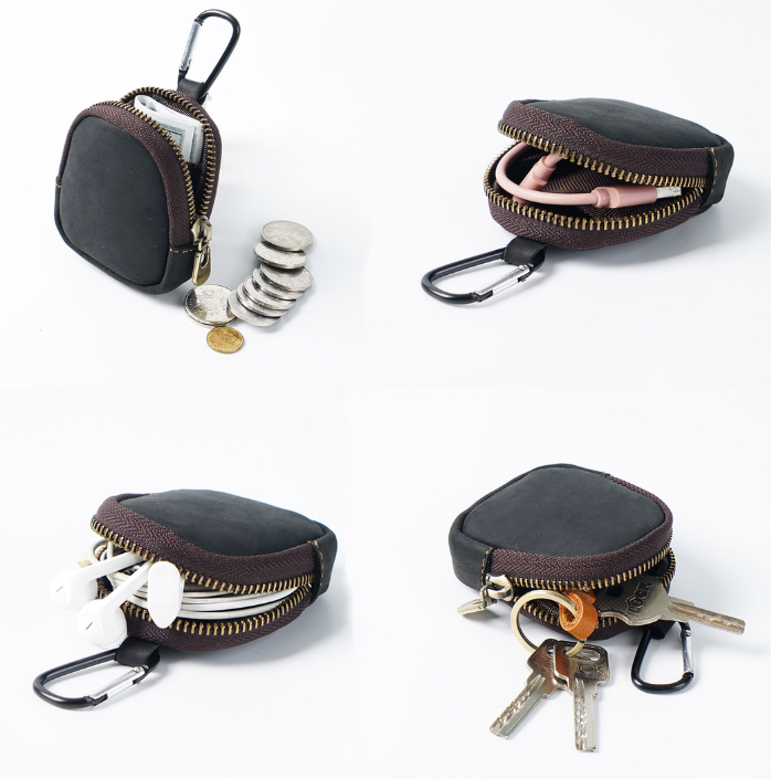 Green Genuine Crazy Horse Leather Mini Coin Purse Zipper Shell Pouch Small Earphone Case Key Holder with Carabiner Clip 8.5cm for Travel