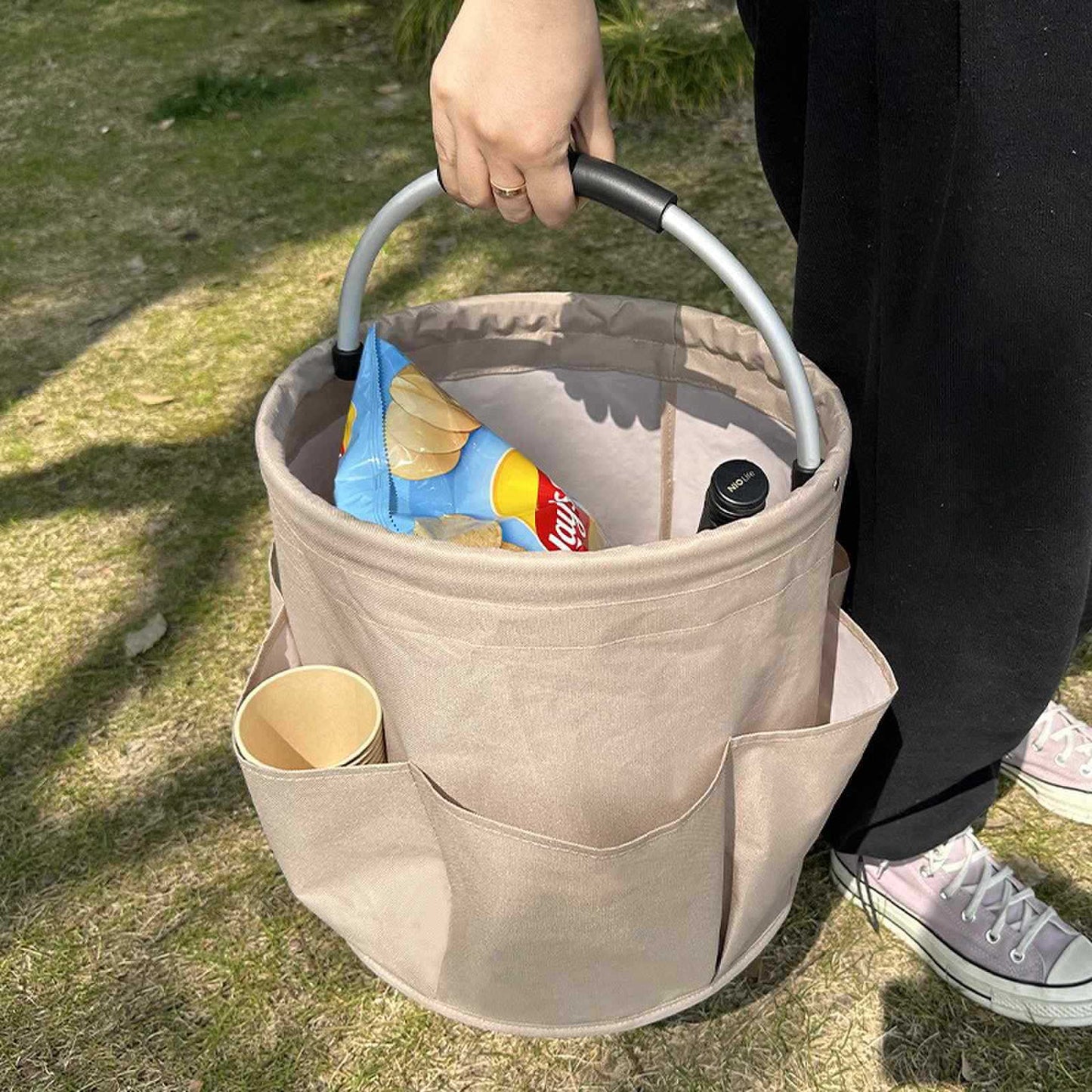 Khaki 17L Collapsible Handheld Storage Bucket | Multi-Pocket Portable Camping & Picnic Basket | Durable Waterproof Organizer for Beach, Bath and Shopping