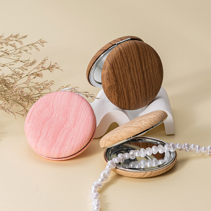 2 Pcs Khaki Portable Wooden-Style Makeup Mirror - Dual-Sided High-Definition Compact Mirror