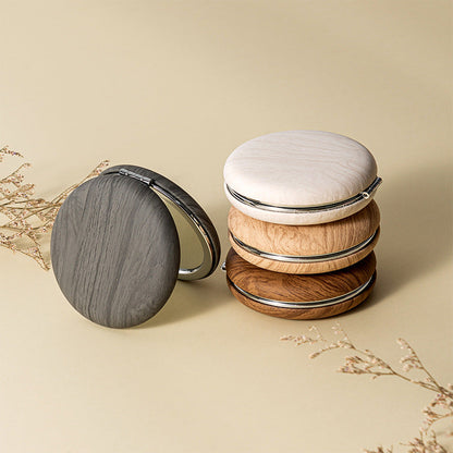 2 Pcs Khaki Portable Wooden-Style Makeup Mirror - Dual-Sided High-Definition Compact Mirror