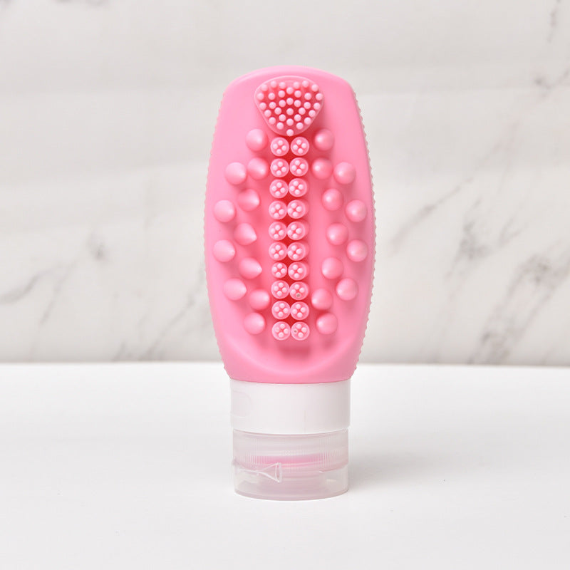 Pink Travel Silicone Refillable Bottle Set â€“ Multi-Functional Soft-Squeeze Dispenser with Built-in Brush (3-Pack)
