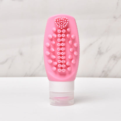 Pink Travel Silicone Refillable Bottle Set â€“ Multi-Functional Soft-Squeeze Dispenser with Built-in Brush (3-Pack)