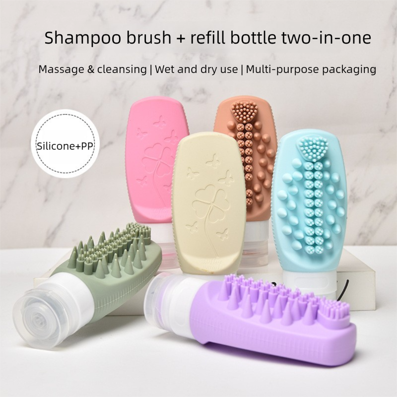 Blue Travel Silicone Refillable Bottle Set â€“ Multi-Functional Soft-Squeeze Dispenser with Built-in Brush (3-Pack)