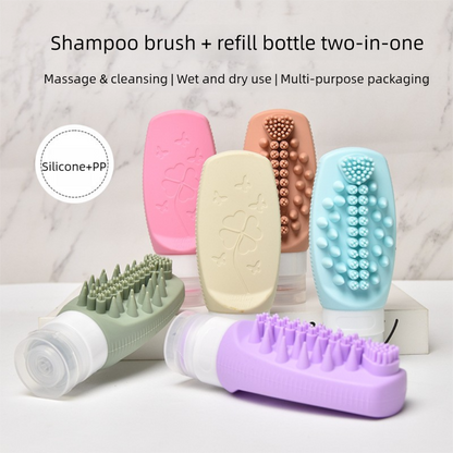 Blue Travel Silicone Refillable Bottle Set â€“ Multi-Functional Soft-Squeeze Dispenser with Built-in Brush (3-Pack)