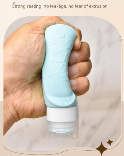 Blue Travel Silicone Refillable Bottle Set â€“ Multi-Functional Soft-Squeeze Dispenser with Built-in Brush (3-Pack)