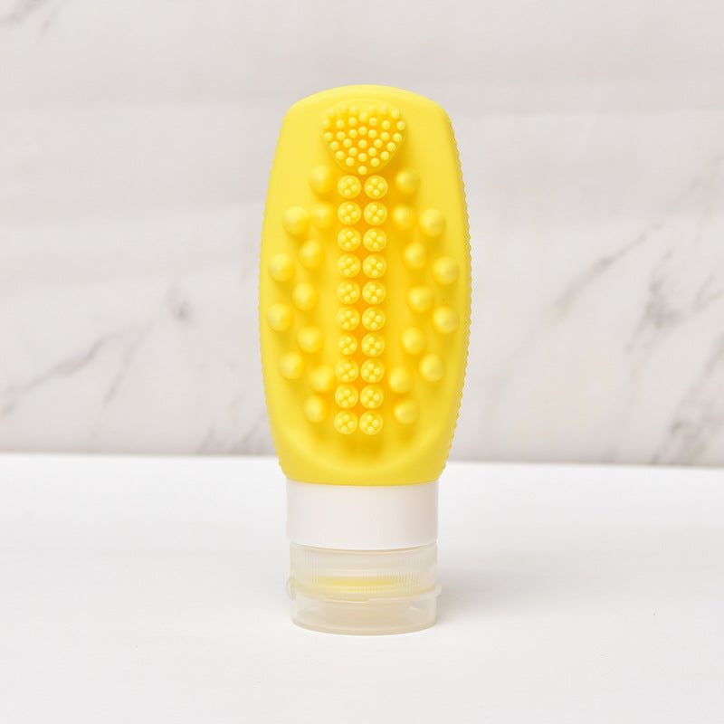 Yellow Travel Silicone Refillable Bottle Set â€“ Multi-Functional Soft-Squeeze Dispenser with Built-in Brush (3-Pack)