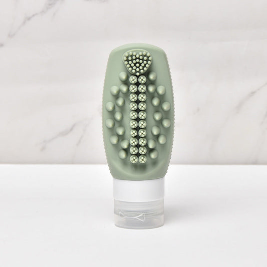Green Travel Silicone Refillable Bottle Set â€“ Multi-Functional Soft-Squeeze Dispenser with Built-in Brush (3-Pack)