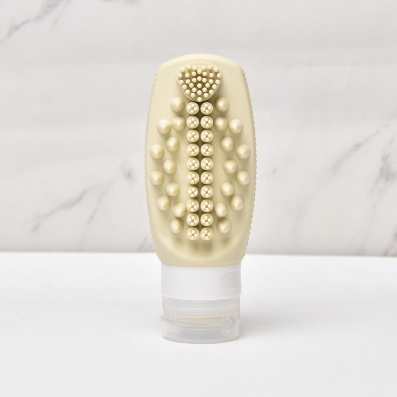 Beige Travel Silicone Refillable Bottle Set â€“ Multi-Functional Soft-Squeeze Dispenser with Built-in Brush (3-Pack)