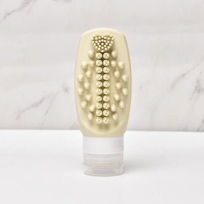 Beige Travel Silicone Refillable Bottle Set â€“ Multi-Functional Soft-Squeeze Dispenser with Built-in Brush (3-Pack)