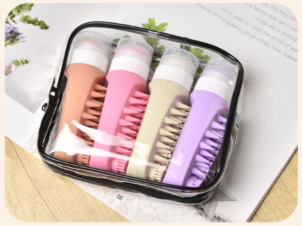 Combination A Travel silicone refillable water bottle set â€“ multi-functional soft-press dispenser with brush and storage bag (4-pack)