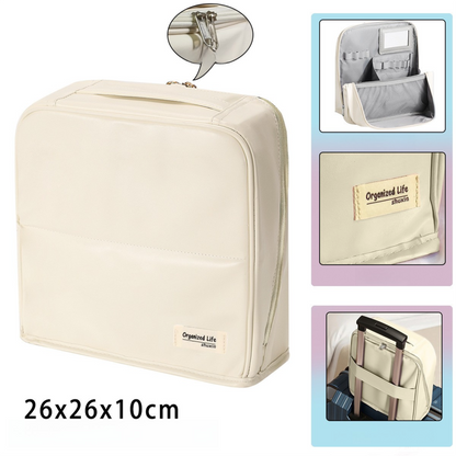 Beige Magnetic Compartmentalized Standing Cosmetic Bag â€“ Large Capacity with Mirror, Travel Makeup Organizer (26Ã—10Ã—26 cm)