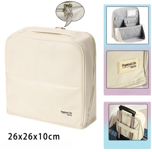 Beige Magnetic Compartmentalized Standing Cosmetic Bag â€“ Large Capacity with Mirror, Travel Makeup Organizer (26Ã—10Ã—26 cm)