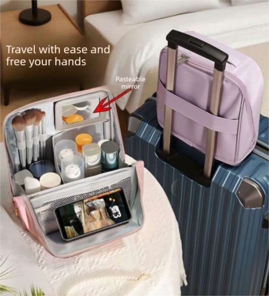 Beige Magnetic Compartmentalized Standing Cosmetic Bag â€“ Large Capacity with Mirror, Travel Makeup Organizer (26Ã—10Ã—26 cm)