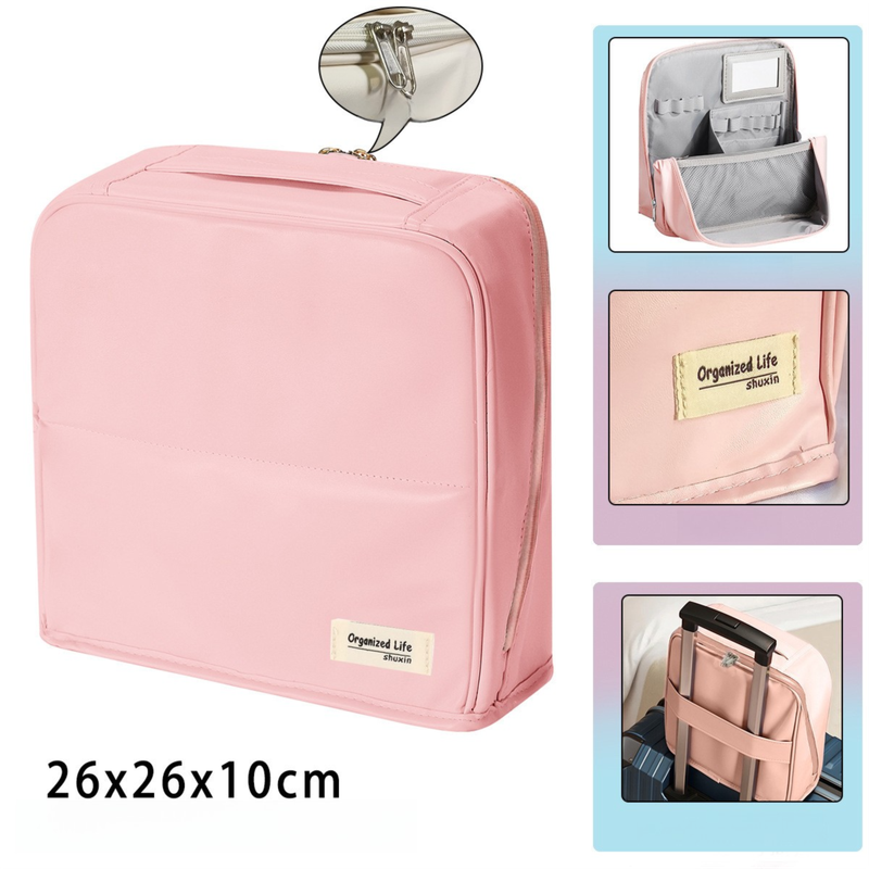 Pink Magnetic Compartmentalized Standing Cosmetic Bag â€“ Large Capacity with Mirror, Travel Makeup Organizer (26Ã—10Ã—26 cm)