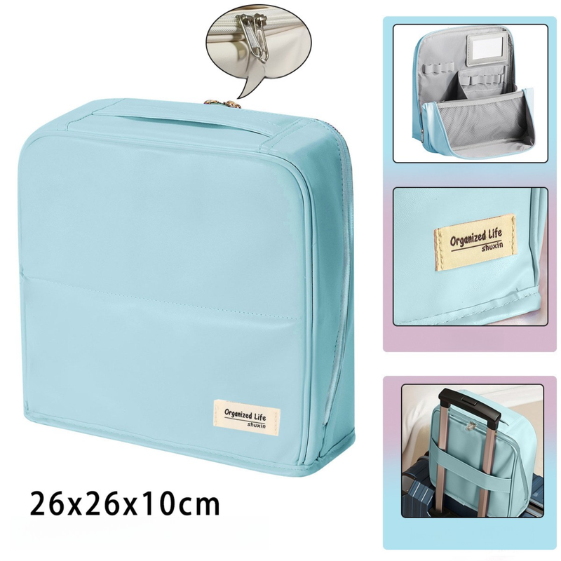 Blue Magnetic Compartmentalized Standing Cosmetic Bag â€“ Large Capacity with Mirror, Travel Makeup Organizer (26Ã—10Ã—26 cm)