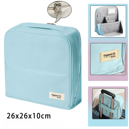 Blue Magnetic Compartmentalized Standing Cosmetic Bag â€“ Large Capacity with Mirror, Travel Makeup Organizer (26Ã—10Ã—26 cm)