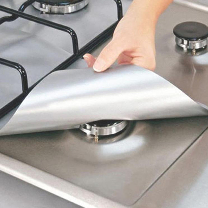 10 Pcs Silver Heat-Resistant Gas Stove Mat â€“ Non-Stick Teflon Coated Fiberglass Protector for Cooktops (270mm Ã— 270mm)