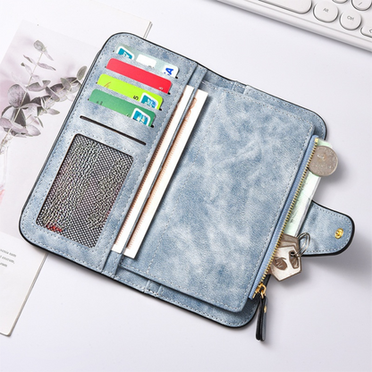 Blue Stylish Large-Capacity Women's Long Wallet â€“ Vintage PU Leather Clutch with Zipper and Snap Closure