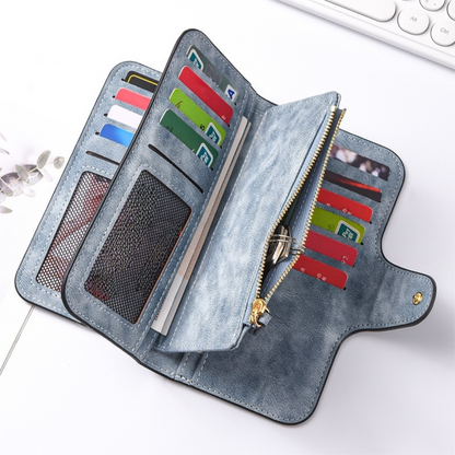 Blue Stylish Large-Capacity Women's Long Wallet â€“ Vintage PU Leather Clutch with Zipper and Snap Closure