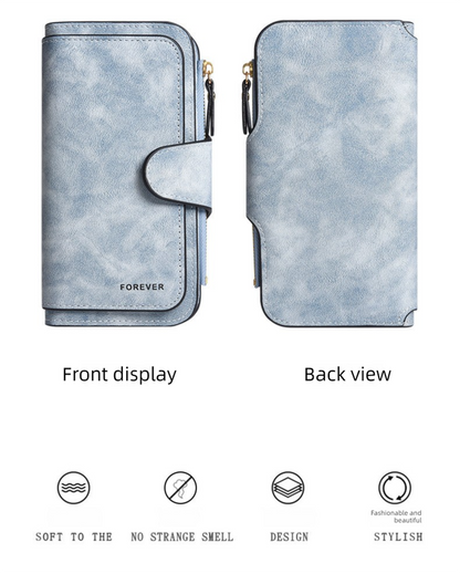 Blue Stylish Large-Capacity Women's Long Wallet â€“ Vintage PU Leather Clutch with Zipper and Snap Closure
