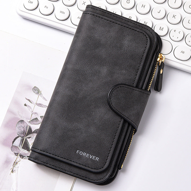 Black Stylish Large-Capacity Women's Long Wallet â€“ Vintage PU Leather Clutch with Zipper and Snap Closure