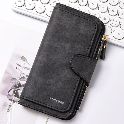 Black Stylish Large-Capacity Women's Long Wallet â€“ Vintage PU Leather Clutch with Zipper and Snap Closure