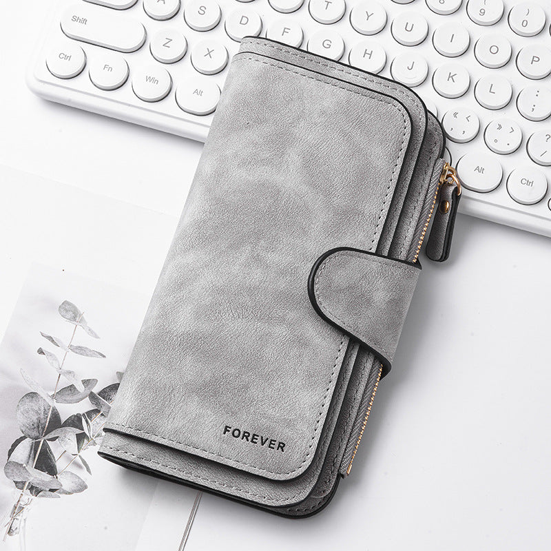 Grey Stylish Large-Capacity Women's Long Wallet â€“ Vintage PU Leather Clutch with Zipper and Snap Closure