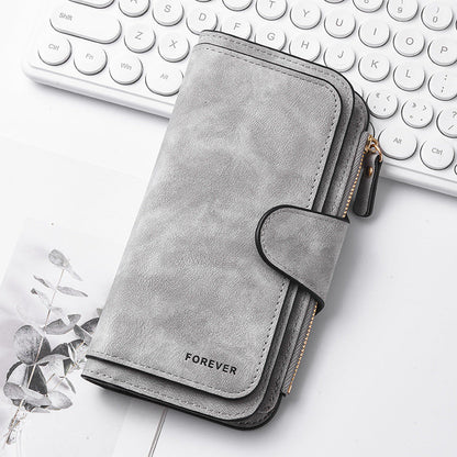 Grey Stylish Large-Capacity Women's Long Wallet â€“ Vintage PU Leather Clutch with Zipper and Snap Closure