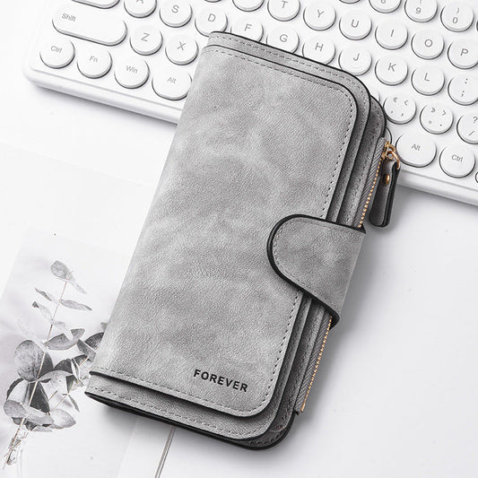 Grey Stylish Large-Capacity Women's Long Wallet â€“ Vintage PU Leather Clutch with Zipper and Snap Closure