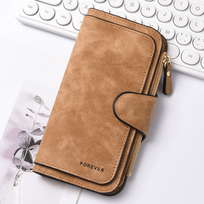 Brown Stylish Large-Capacity Women's Long Wallet â€“ Vintage PU Leather Clutch with Zipper and Snap Closure