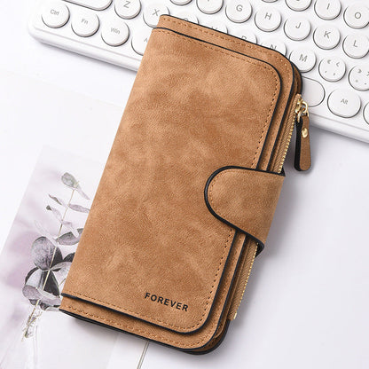 Brown Stylish Large-Capacity Women's Long Wallet â€“ Vintage PU Leather Clutch with Zipper and Snap Closure