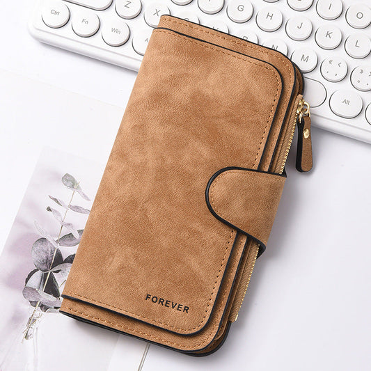 Brown Stylish Large-Capacity Women's Long Wallet â€“ Vintage PU Leather Clutch with Zipper and Snap Closure
