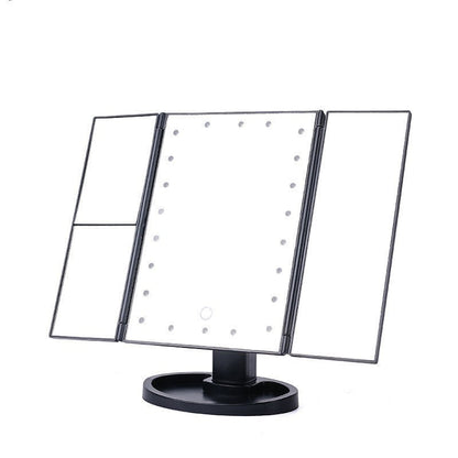 Black 360Â° Rotating LED Tri-Fold Makeup Mirror â€“ 22-Bulb Illuminated Vanity Mirror with 1X/2X/3X Magnification