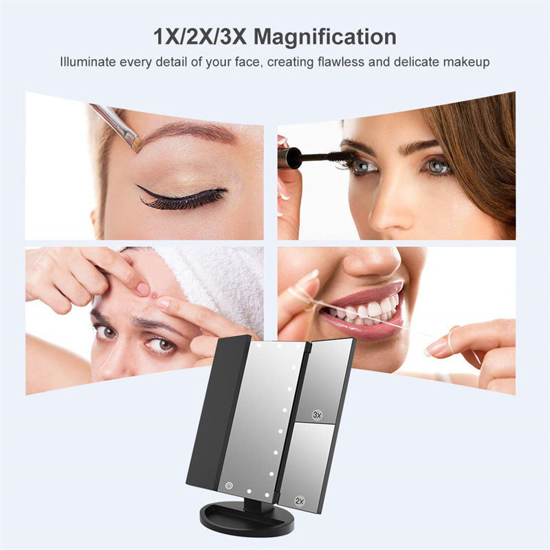 Black 360Â° Rotating LED Tri-Fold Makeup Mirror â€“ 22-Bulb Illuminated Vanity Mirror with 1X/2X/3X Magnification
