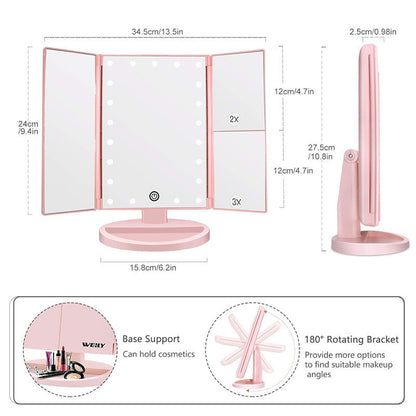 Black 360Â° Rotating LED Tri-Fold Makeup Mirror â€“ 22-Bulb Illuminated Vanity Mirror with 1X/2X/3X Magnification