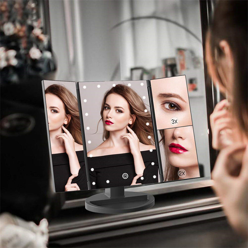 Black 360Â° Rotating LED Tri-Fold Makeup Mirror â€“ 22-Bulb Illuminated Vanity Mirror with 1X/2X/3X Magnification