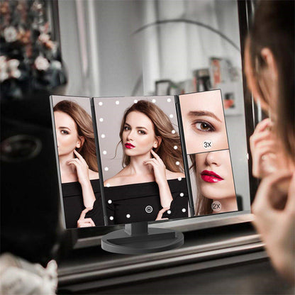 Black 360Â° Rotating LED Tri-Fold Makeup Mirror â€“ 22-Bulb Illuminated Vanity Mirror with 1X/2X/3X Magnification