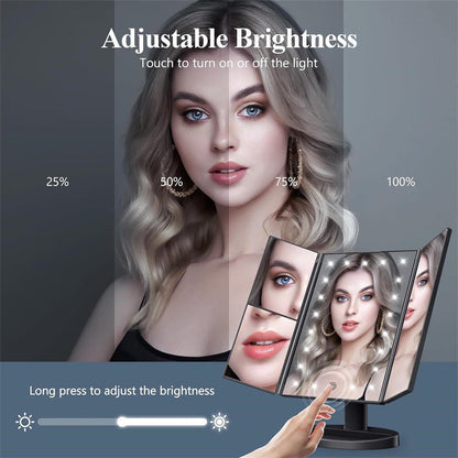 Black 360Â° Rotating LED Tri-Fold Makeup Mirror â€“ 22-Bulb Illuminated Vanity Mirror with 1X/2X/3X Magnification