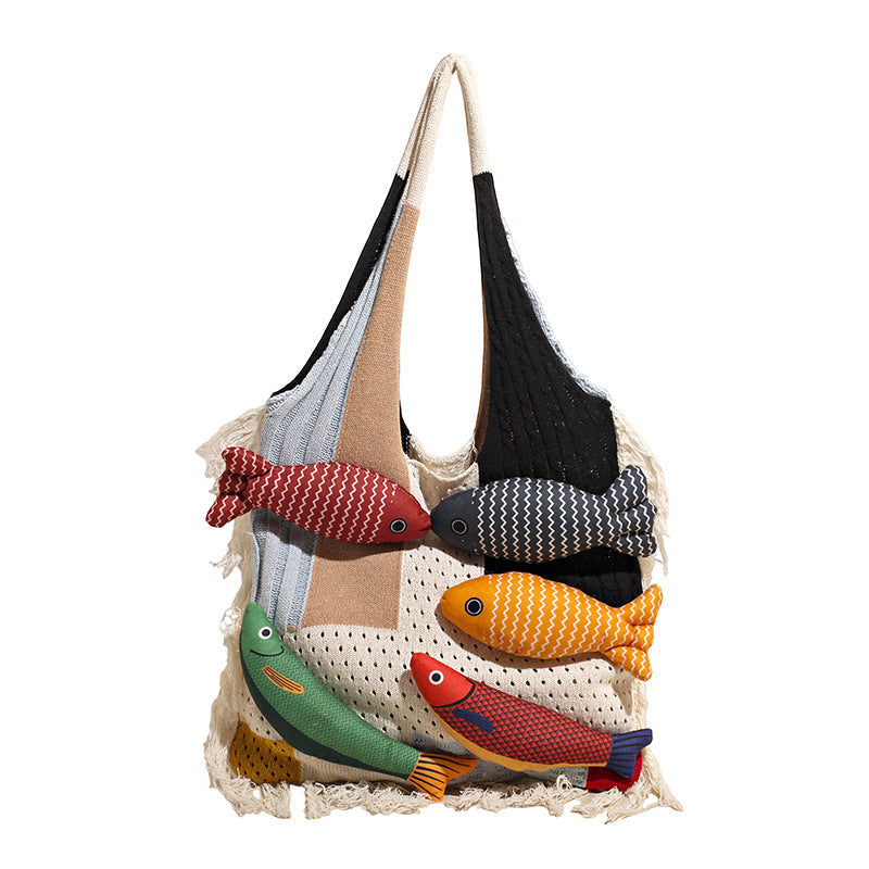 White handbag strap Knitted Patchwork Tote Bag â€“ Spacious, Fringed, Single-Shoulder Design