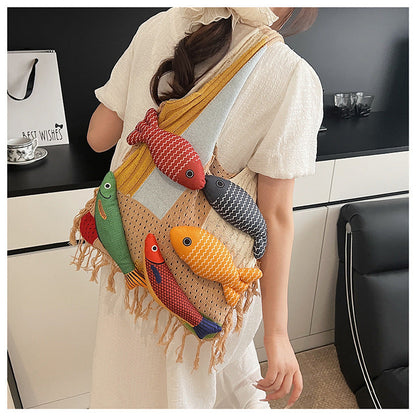 White handbag strap Knitted Patchwork Tote Bag â€“ Spacious, Fringed, Single-Shoulder Design