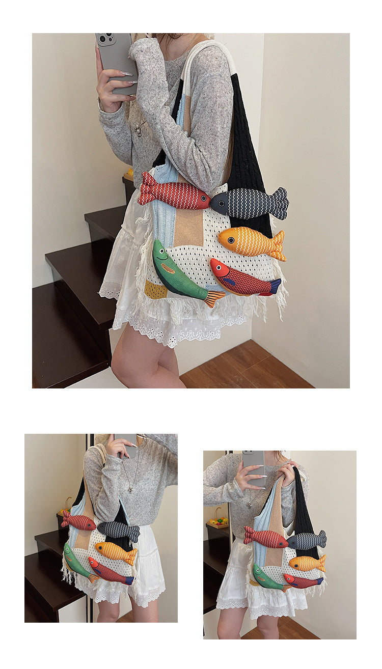 White handbag strap Knitted Patchwork Tote Bag â€“ Spacious, Fringed, Single-Shoulder Design