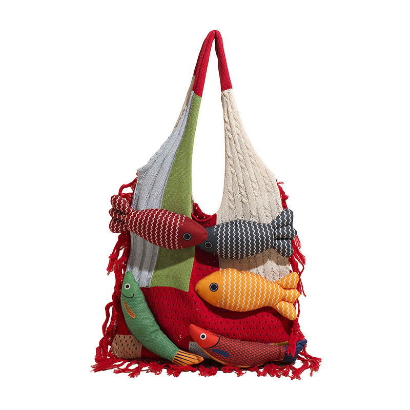 Red handbag strap Knitted Patchwork Tote Bag â€“ Spacious, Fringed, Single-Shoulder Design