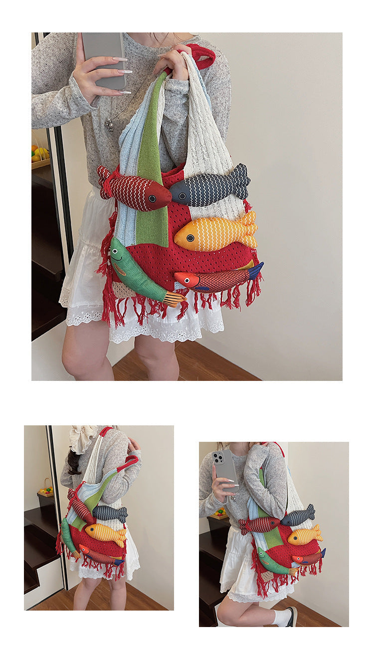 Red handbag strap Knitted Patchwork Tote Bag â€“ Spacious, Fringed, Single-Shoulder Design