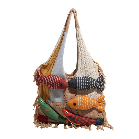 Khaki handbag strap Knitted Patchwork Tote Bag â€“ Spacious, Fringed, Single-Shoulder Design